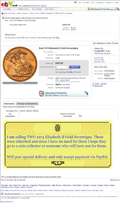 mlongfield88 Duel 1974 Elizabeth II Gold Sovereigns eBay Auction Listing